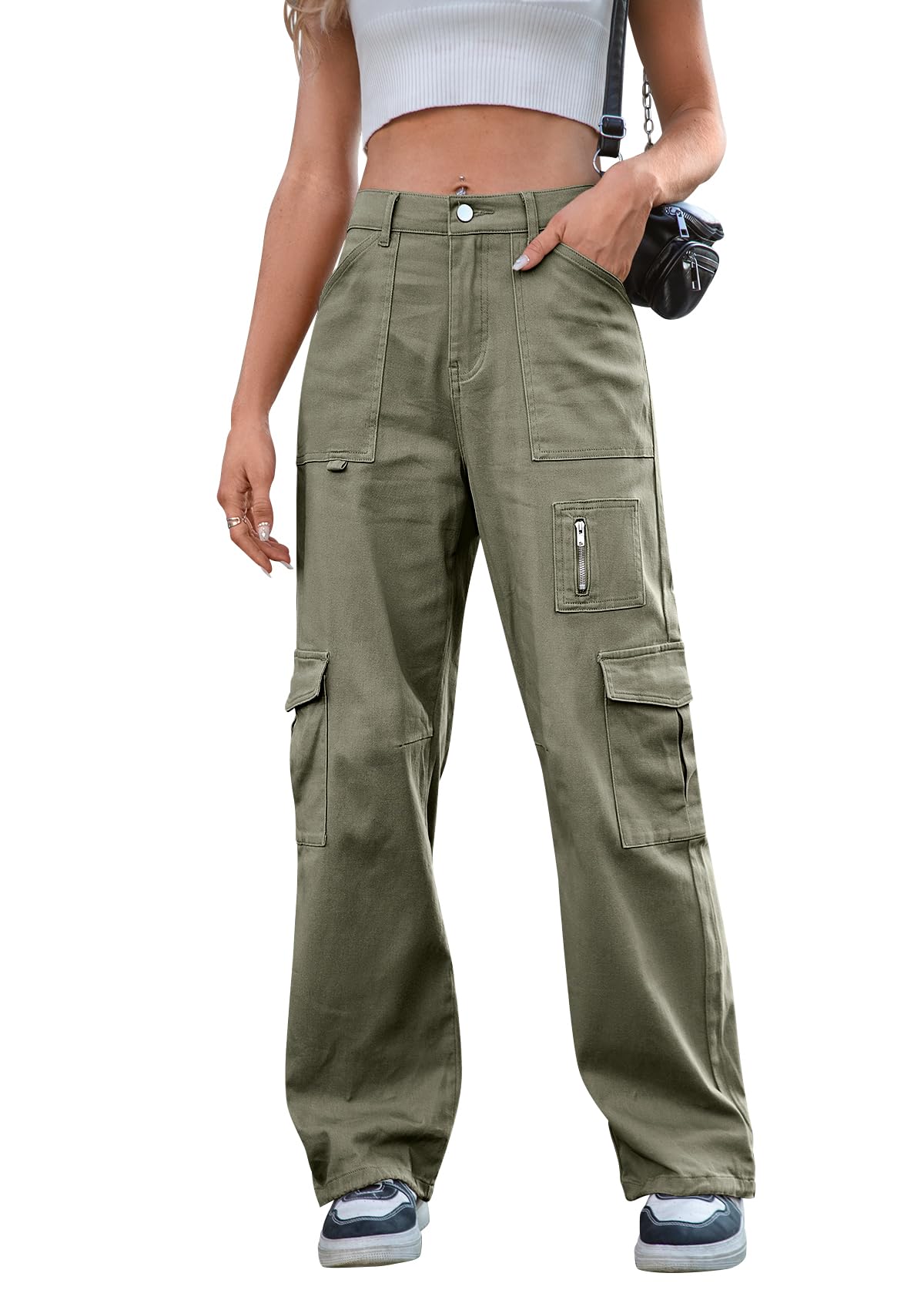 IVIR Cargo Pants Women High Waist Wide Leg Casual Pants with 7 Pockets Stretchy Drawstring Baggy Y2K Trousers