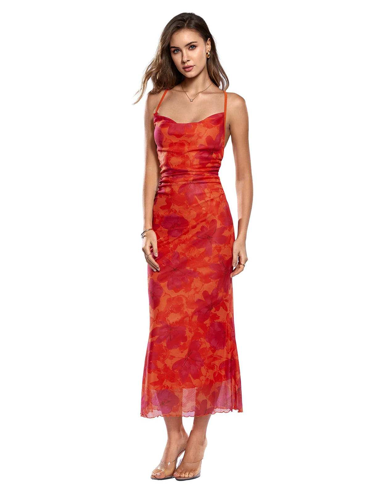 SOLY HUX Women's Floral Mesh Cami Dress Cocktail Wedding Guest Long Dresses