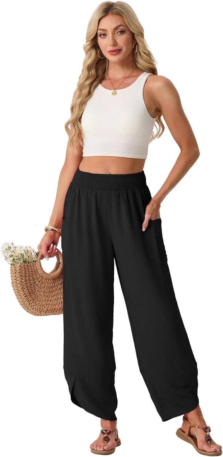 Lepunuo Womens Wide Leg Pants Palazzo High Waisted Smocked Trousers Summer Beach Casual Travel Pants 2026 with Pockets