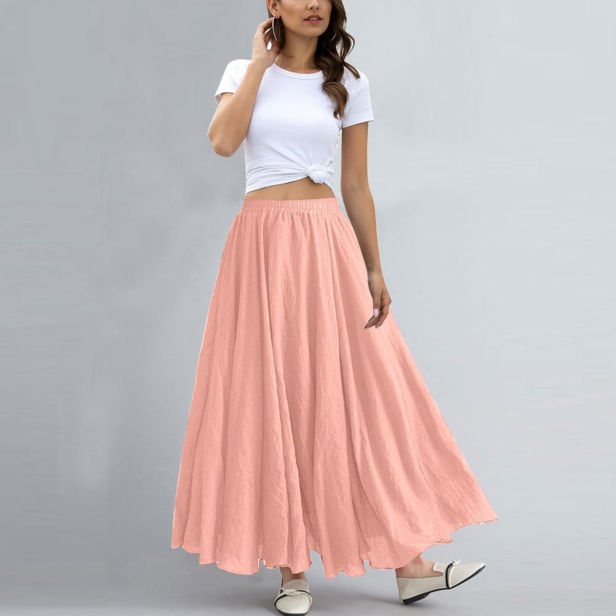 Women Bohemian Style Elastic Waist Band Cotton Linen Long Maxi Skirt Dress