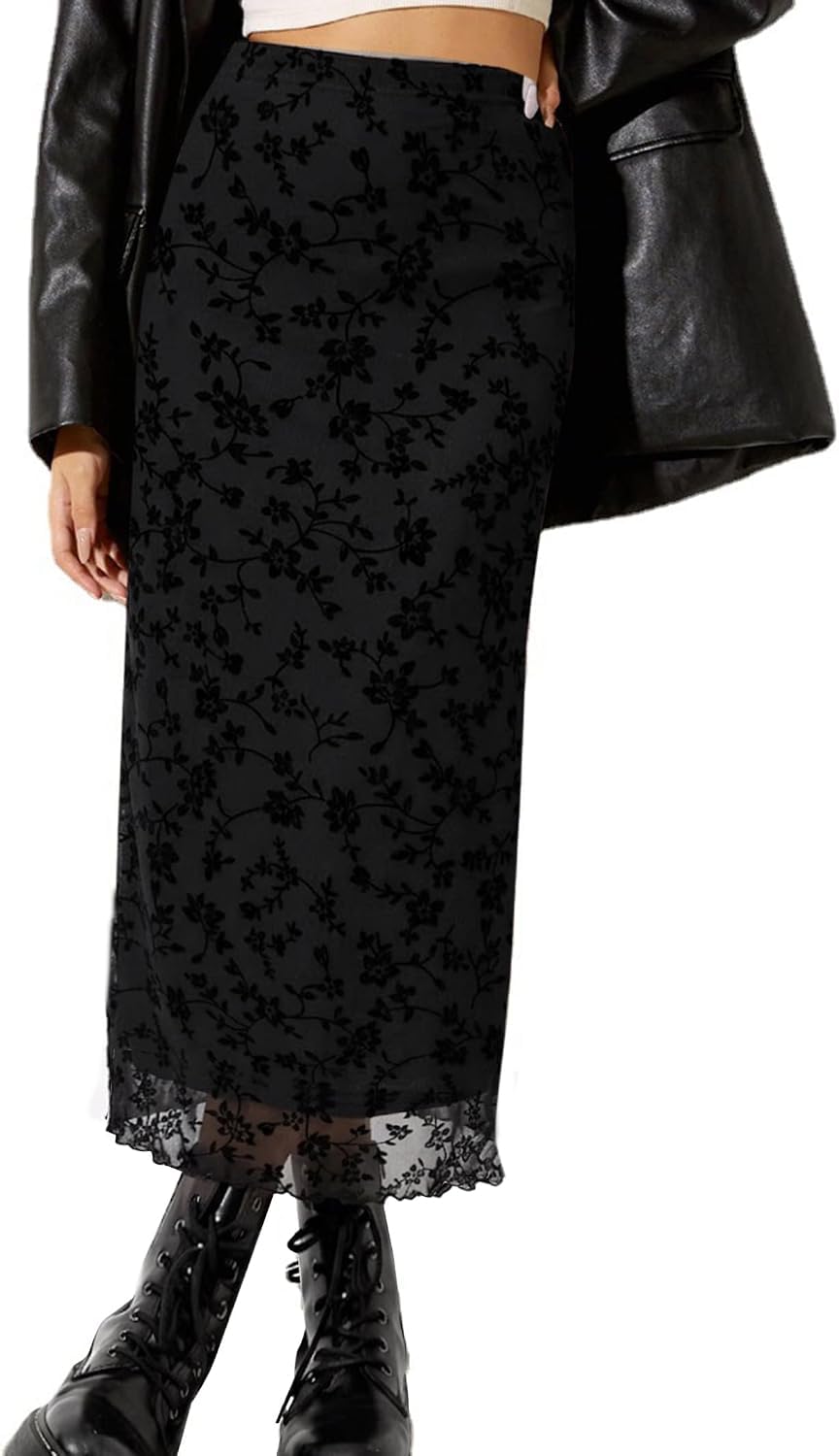 Avanova Women Mesh Floral Boho Midi Skirt High Waist Long Skirt