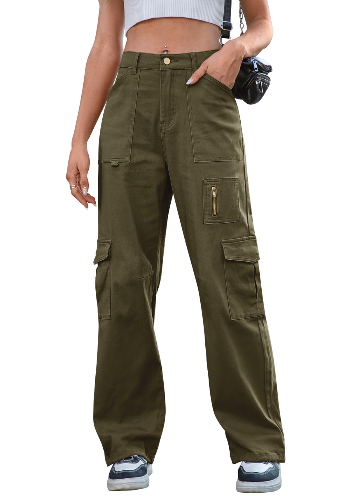 IVIR Cargo Pants Women High Waist Wide Leg Casual Pants with 7 Pockets Stretchy Drawstring Baggy Y2K Trousers