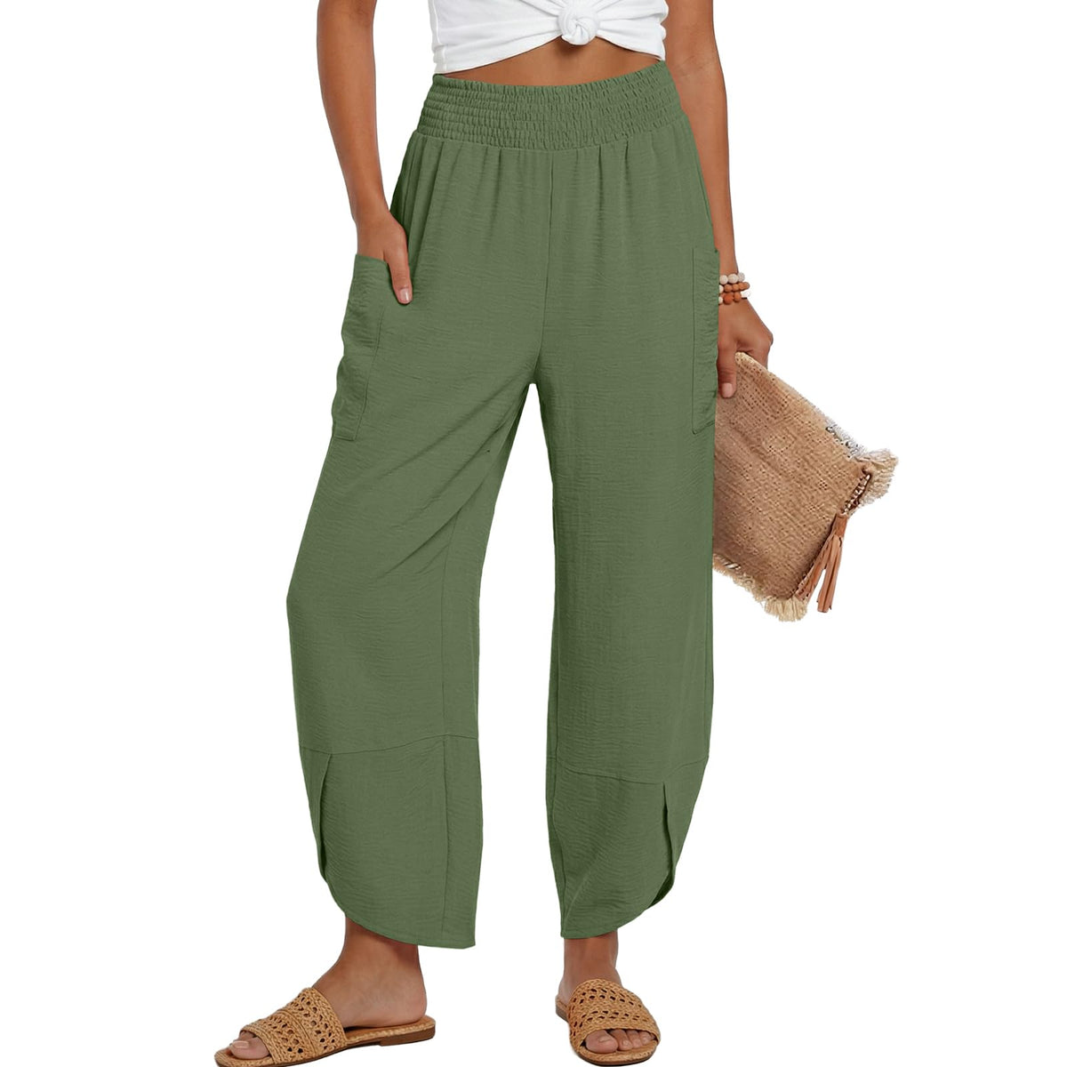 Lepunuo Womens Wide Leg Pants Palazzo High Waisted Smocked Trousers Summer Beach Casual Travel Pants 2026 with Pockets