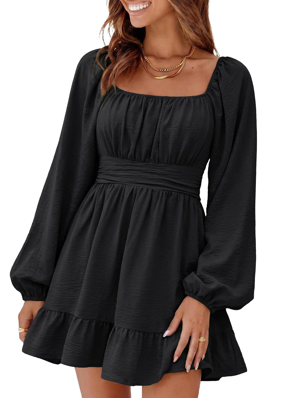Dokotoo Womens Dress Lantern Sleeve Elastic Waist Tie Backless Mini Dress