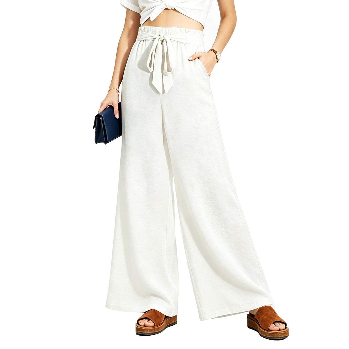 Women Wide Leg Casual Pants High Waist Flowy Palazzo Trousers Adjustable Knot Stylish Lounge Business Pants with Pockets