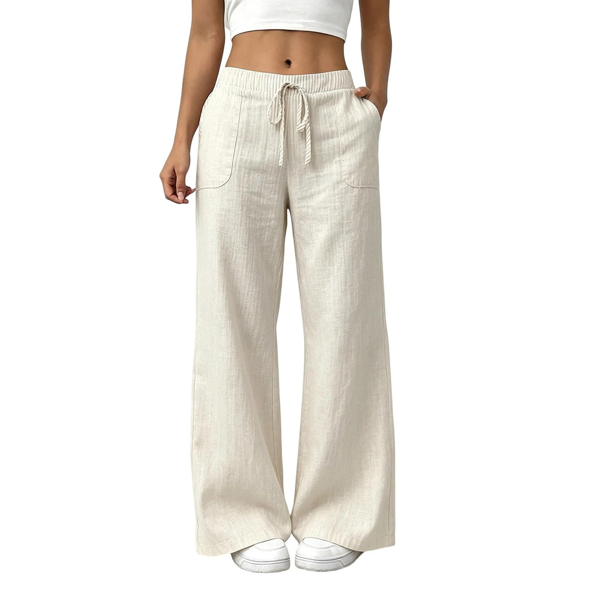 Linen Wide Leg High Waisted Pants for Women Casual Straight Leg Pants