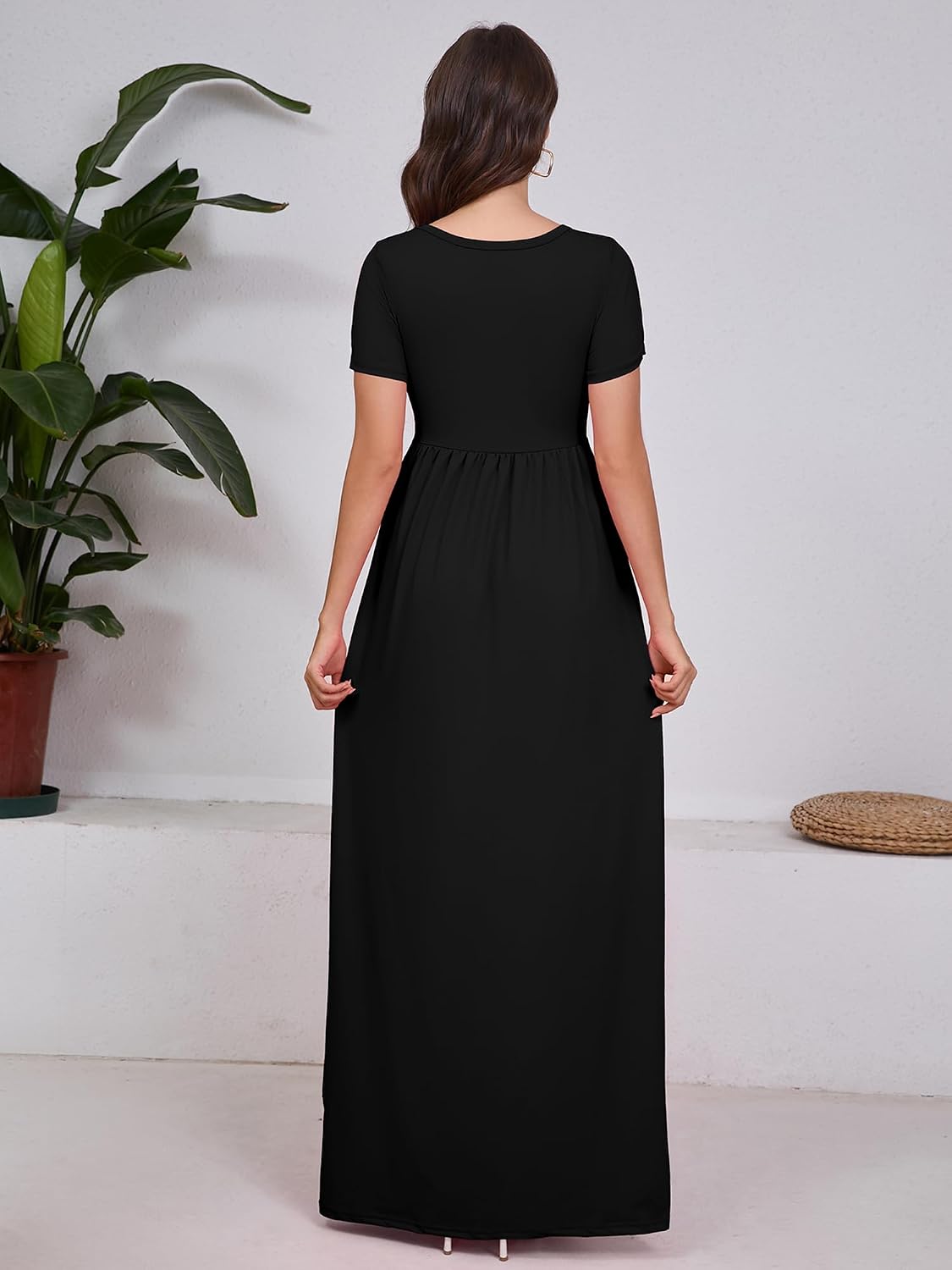 DEARCASE Maxi Dress for Women Short Sleeve Casual Summer Loose Plain Comfy Long Dresses with Pockets