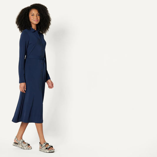 Amazon Essentials Women's Regular-Fit Matte Jersey Midi Length Dress with Classic Collar, Button Front, Removable Belt