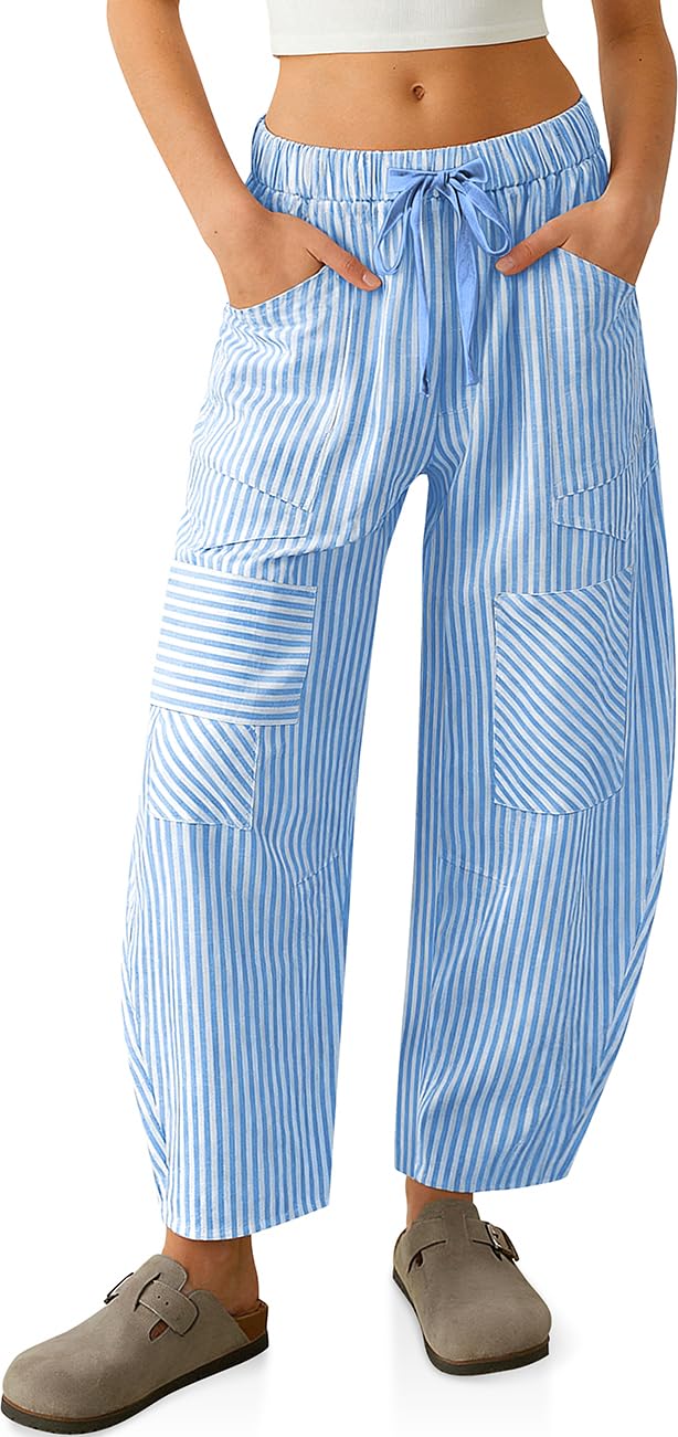 TARSE Womens Striped Linen Barrel Pants with Pockets Y2k Patchwork