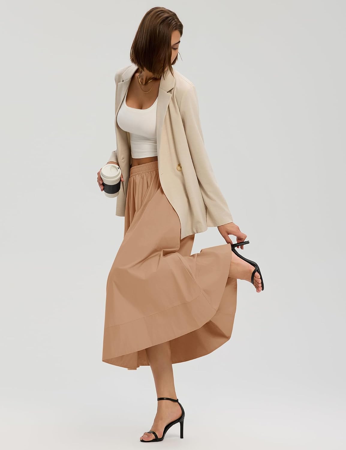 LOMON Midi Skirts for Women with Pockets A-Line Cotton Flowy Elastic Waist