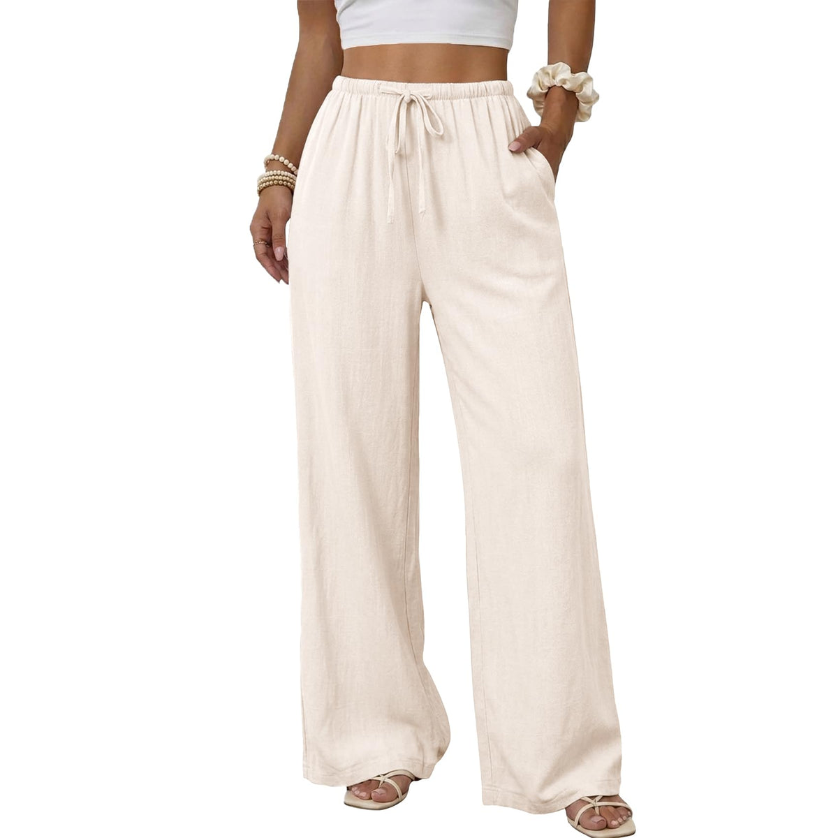 Duyang Womens Cotton Linen Palazzo Pants Drawstring Elastic Waist Casual Wide Leg Trousers with Pockets