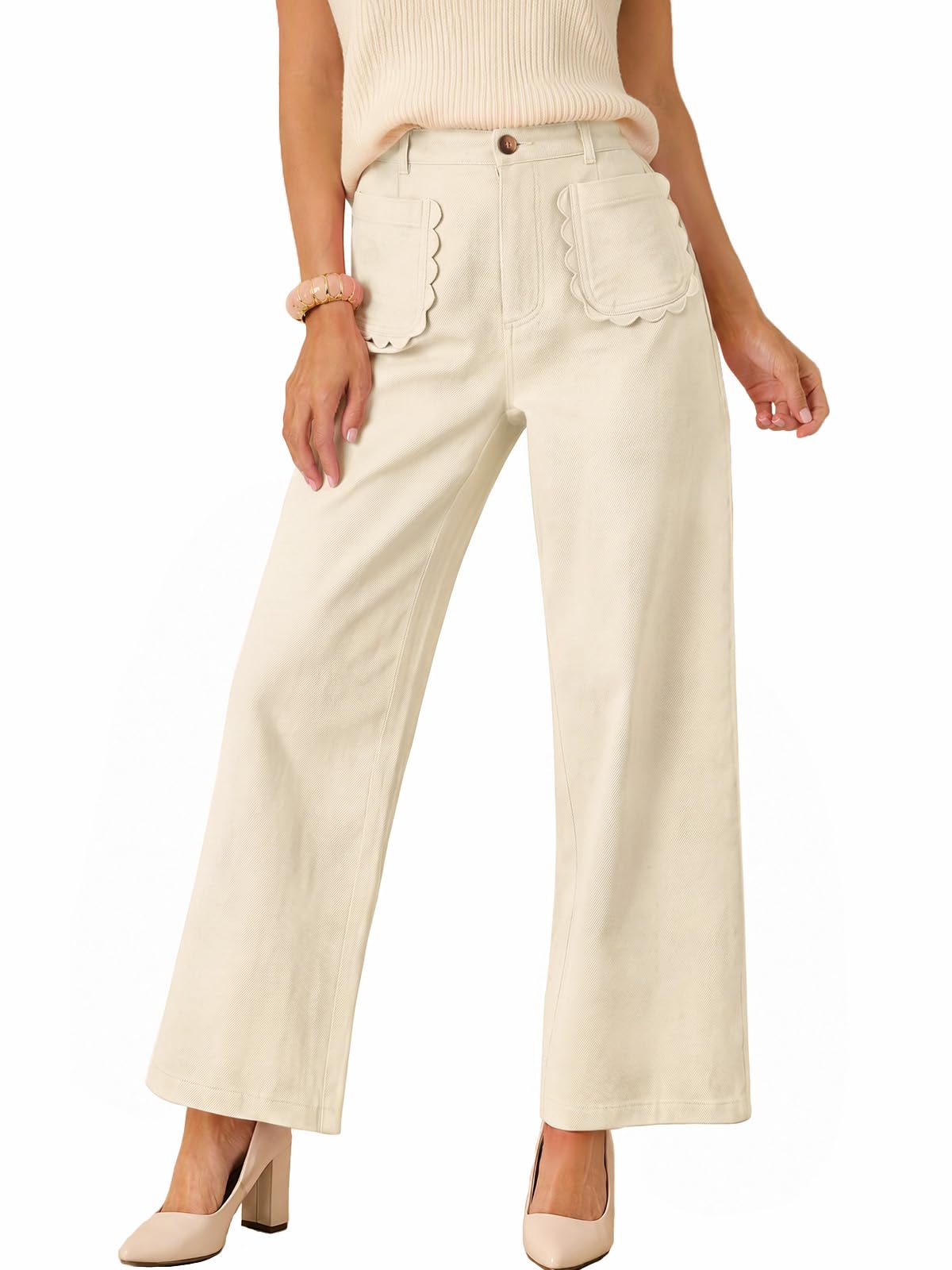 Tankaneo Womens Wide Leg Cotton Pants High Waisted Dressy Casual Trousers