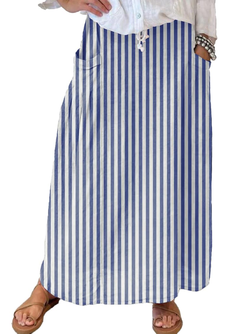 chouyatou Women's Vertical Striped High Waist Maxi Skirt Vintage Floral Cotton Long Skirt with Pockets