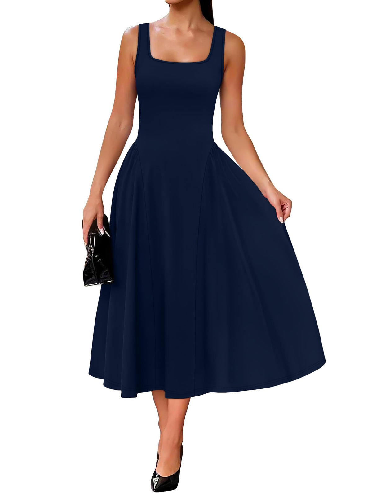 OFEEFAN Summer Dresses for Women Square Neck Corset A Line Maxi Dress Ruffle Ruched Waist Flowy Outfits