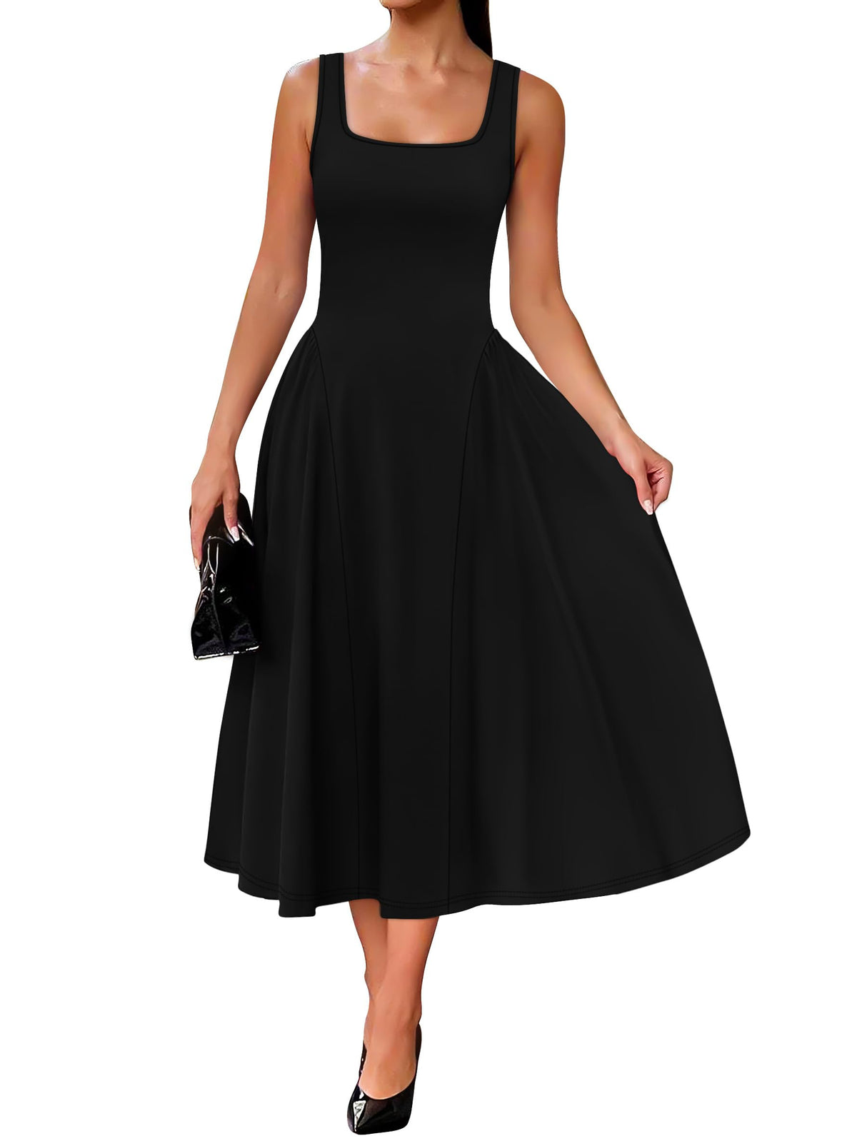 OFEEFAN Summer Dresses for Women Square Neck Corset A Line Maxi Dress Ruffle Ruched Waist Flowy Outfits