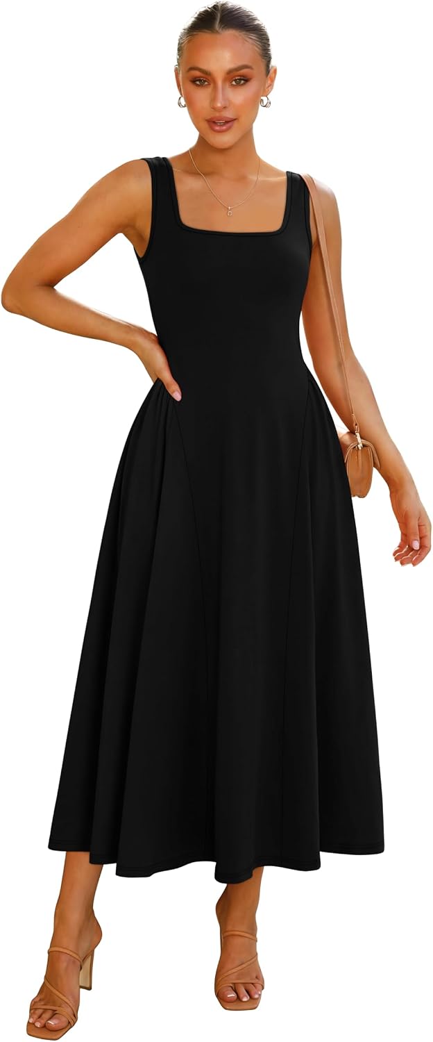 OFEEFAN Summer Dresses for Women Square Neck Corset A Line Maxi Dress Ruffle Ruched Waist Flowy Outfits
