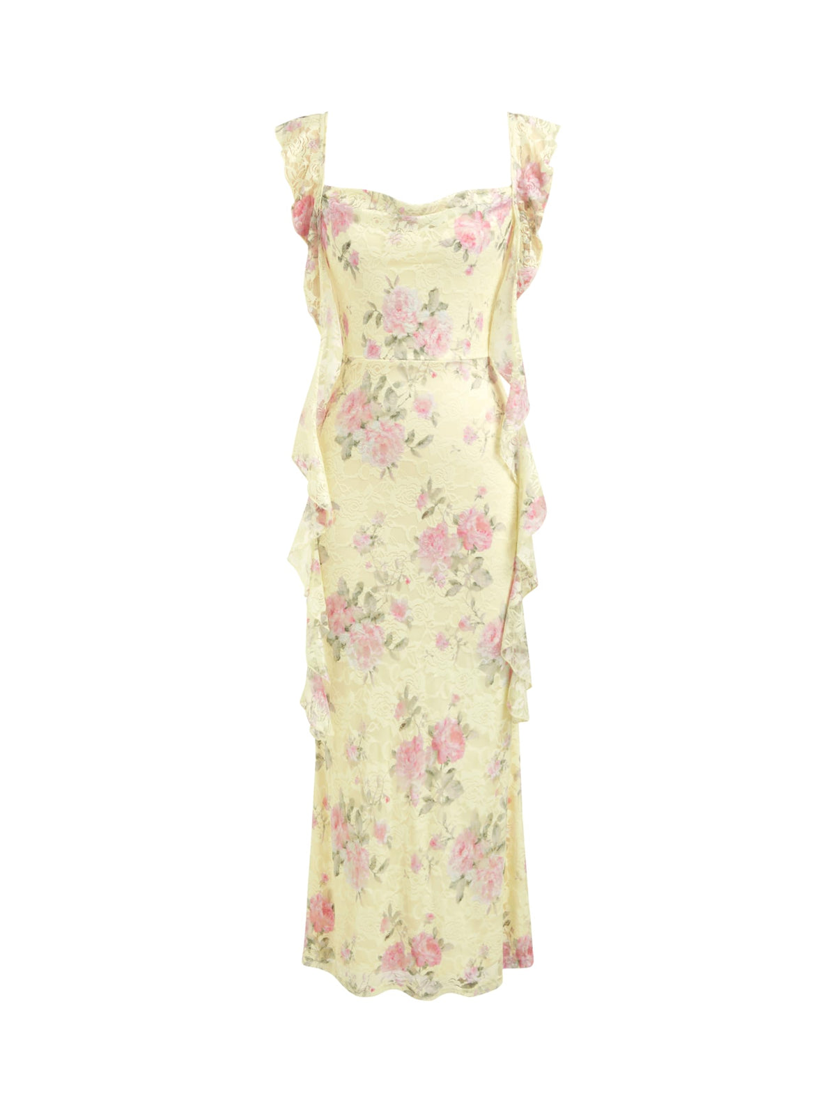 CIDER Women's Wedding Guest Dress Sleeveless Mesh Ruffle Maxi Formal Dress