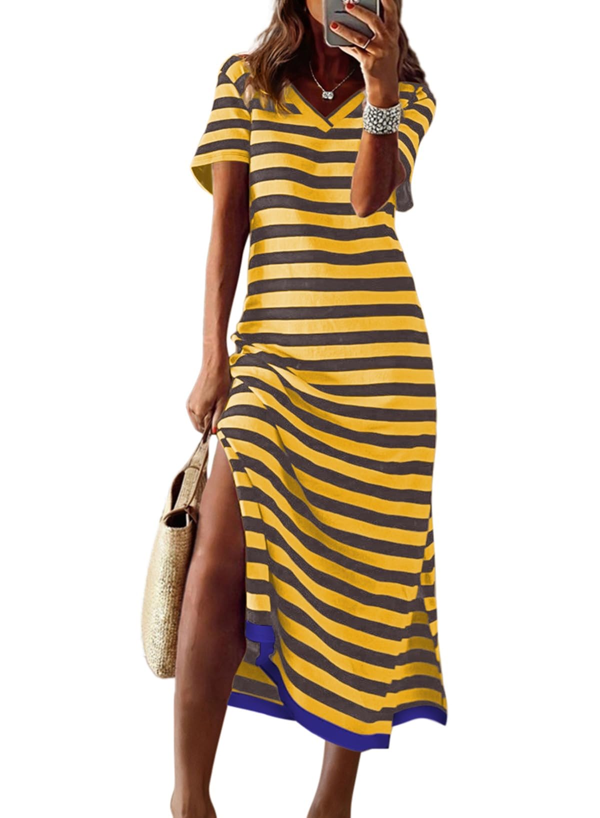 Dokotoo Womens 2026 Short Sleeve Maxi Dress Striped Split T Shirt Dress