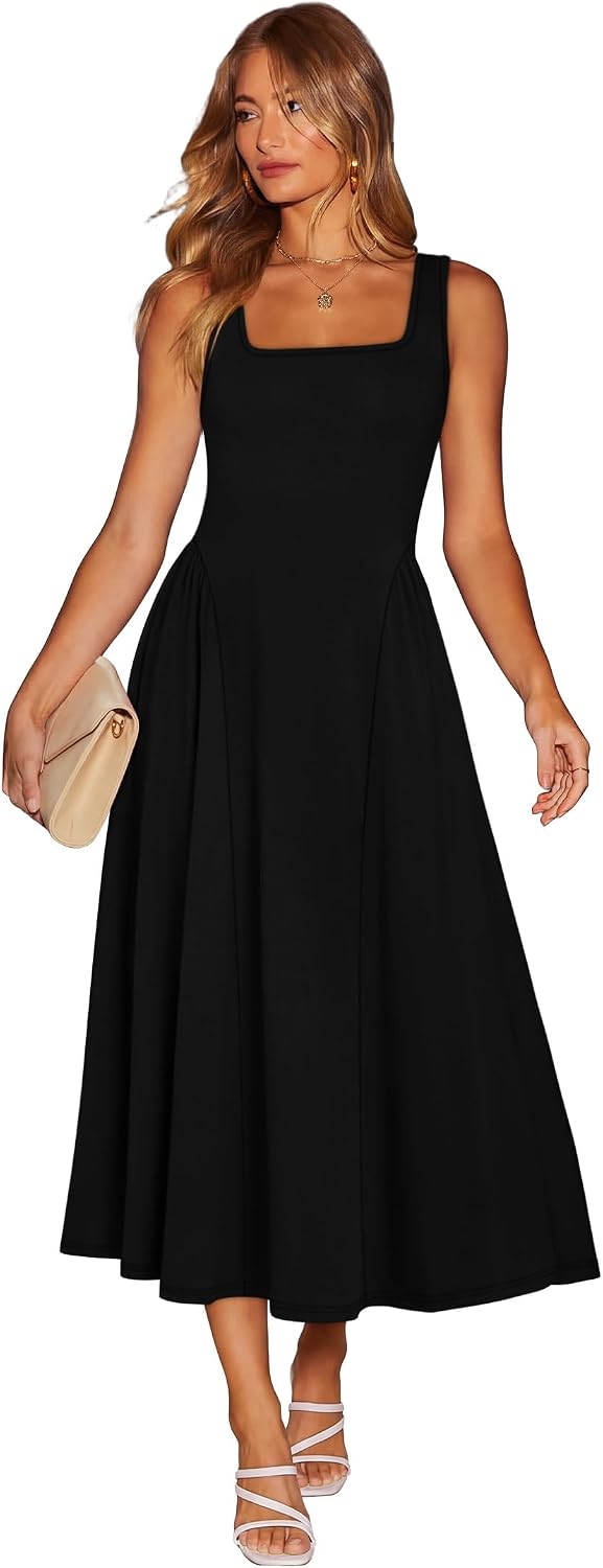 OFEEFAN Summer Dresses for Women Square Neck Corset A Line Maxi Dress Ruffle Ruched Waist Flowy Outfits
