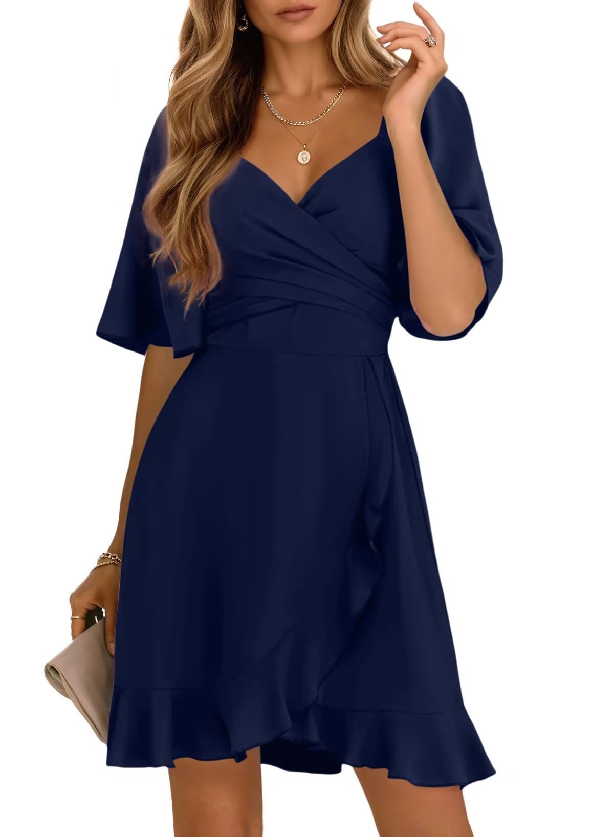 Dokotoo Women's Wrap V Neck Short Flared Sleeve Wedding Guest Dress Smocked Elastic Waist Tiered Belted Ruffle Hem Mini Dress