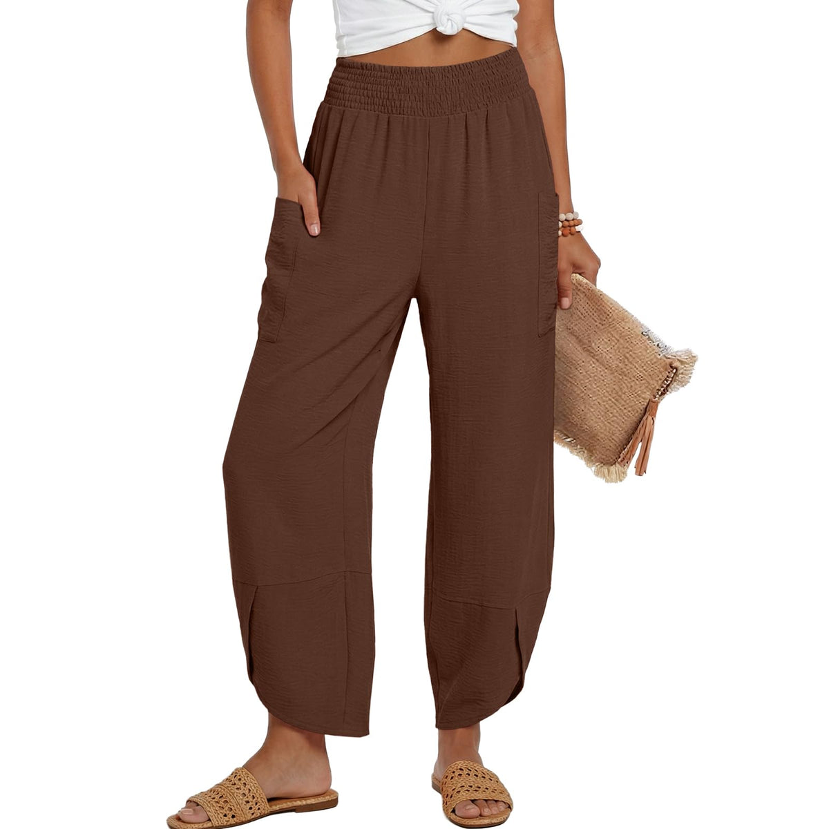 Lepunuo Womens Wide Leg Pants Palazzo High Waisted Smocked Trousers Summer Beach Casual Travel Pants 2026 with Pockets