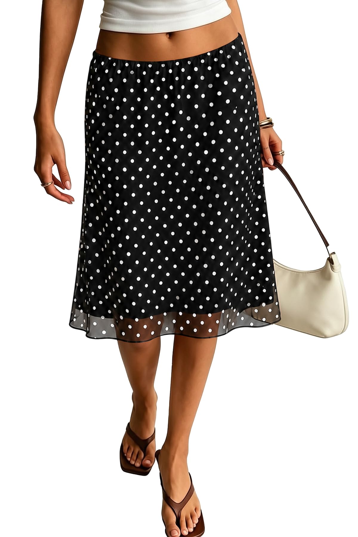 ELLEVEN Low Rise Midi Skirts for Women， Polka Dot Knee Length Mesh Skirt