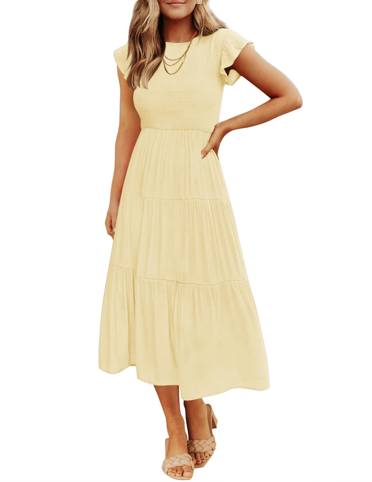 ZESICA Women's 2026 Summer Casual Flutter Short Sleeve Smocked Midi Dress
