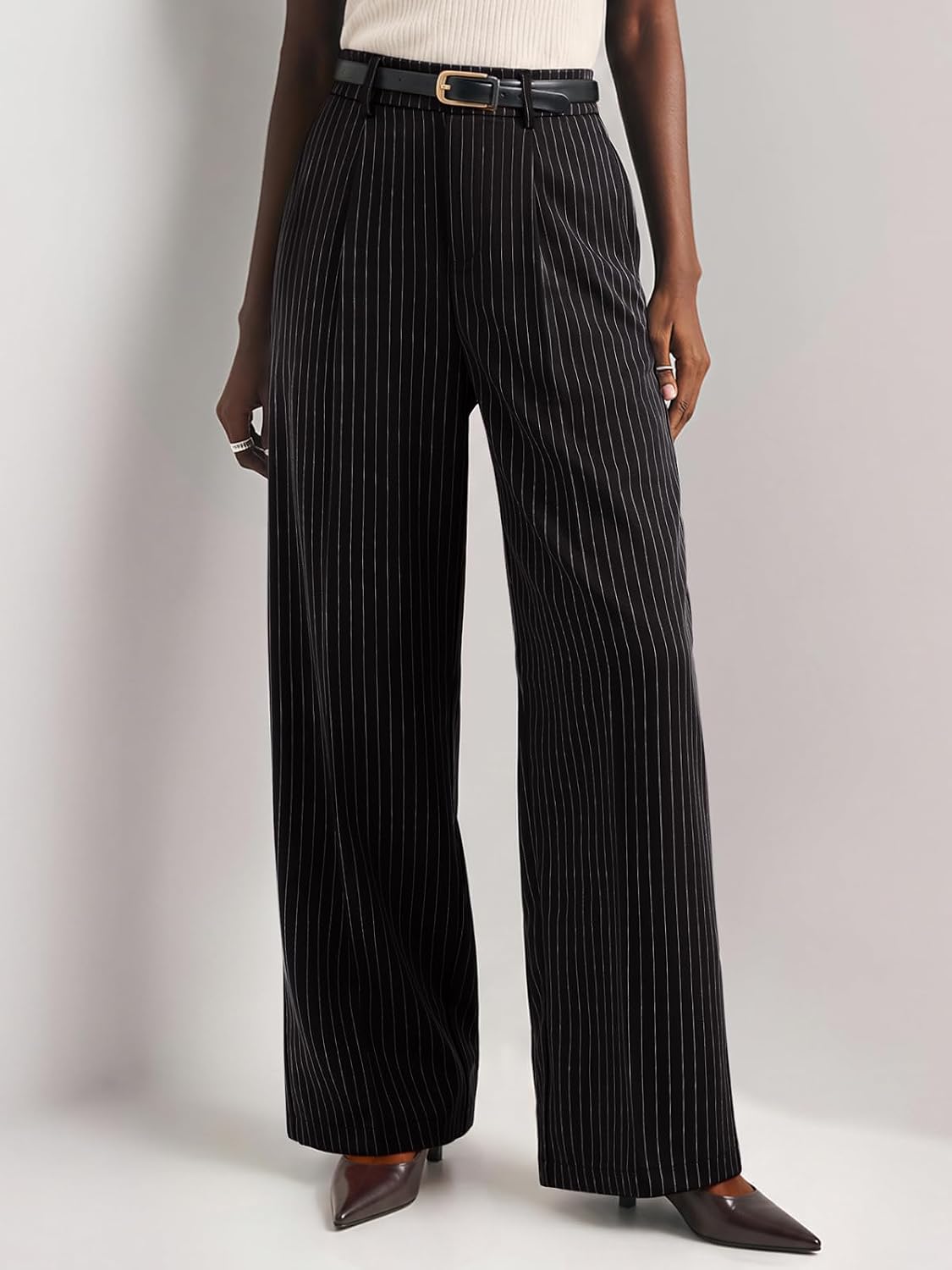 NIMIN Women High Waisted Dress Pants Striped Work Trousers with Pockets
