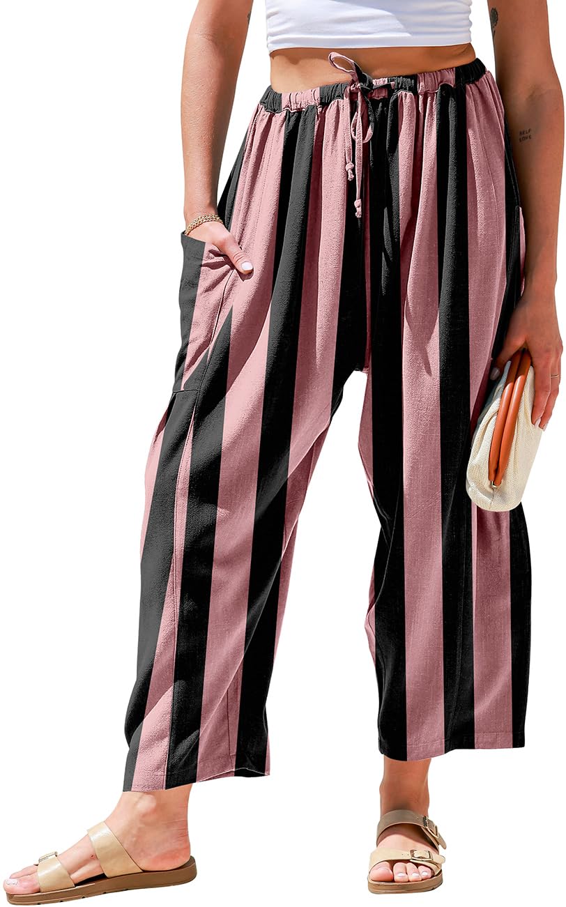 TARSE Womens Wide Leg Striped Linen Pants with Pocket