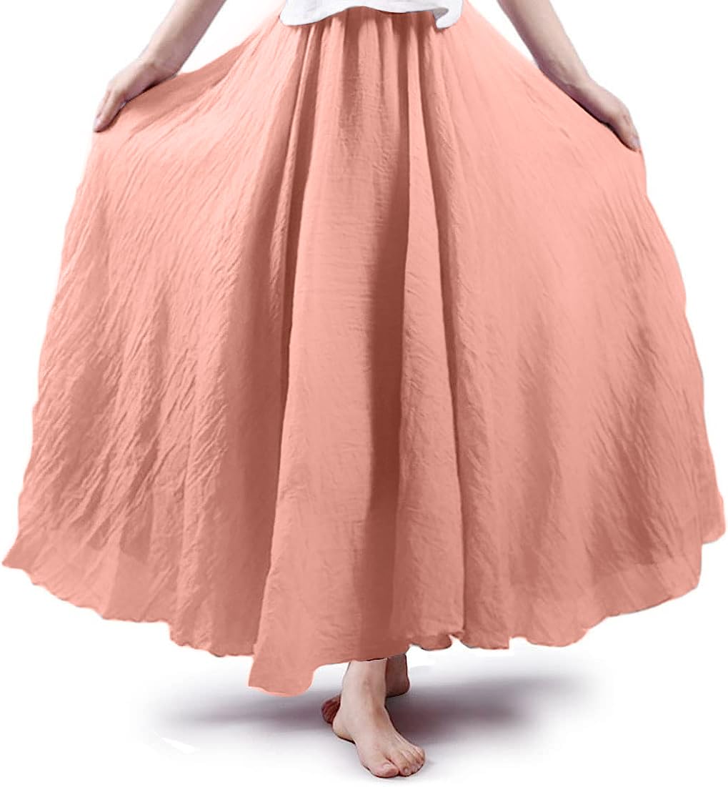 Women Bohemian Style Elastic Waist Band Cotton Linen Long Maxi Skirt Dress
