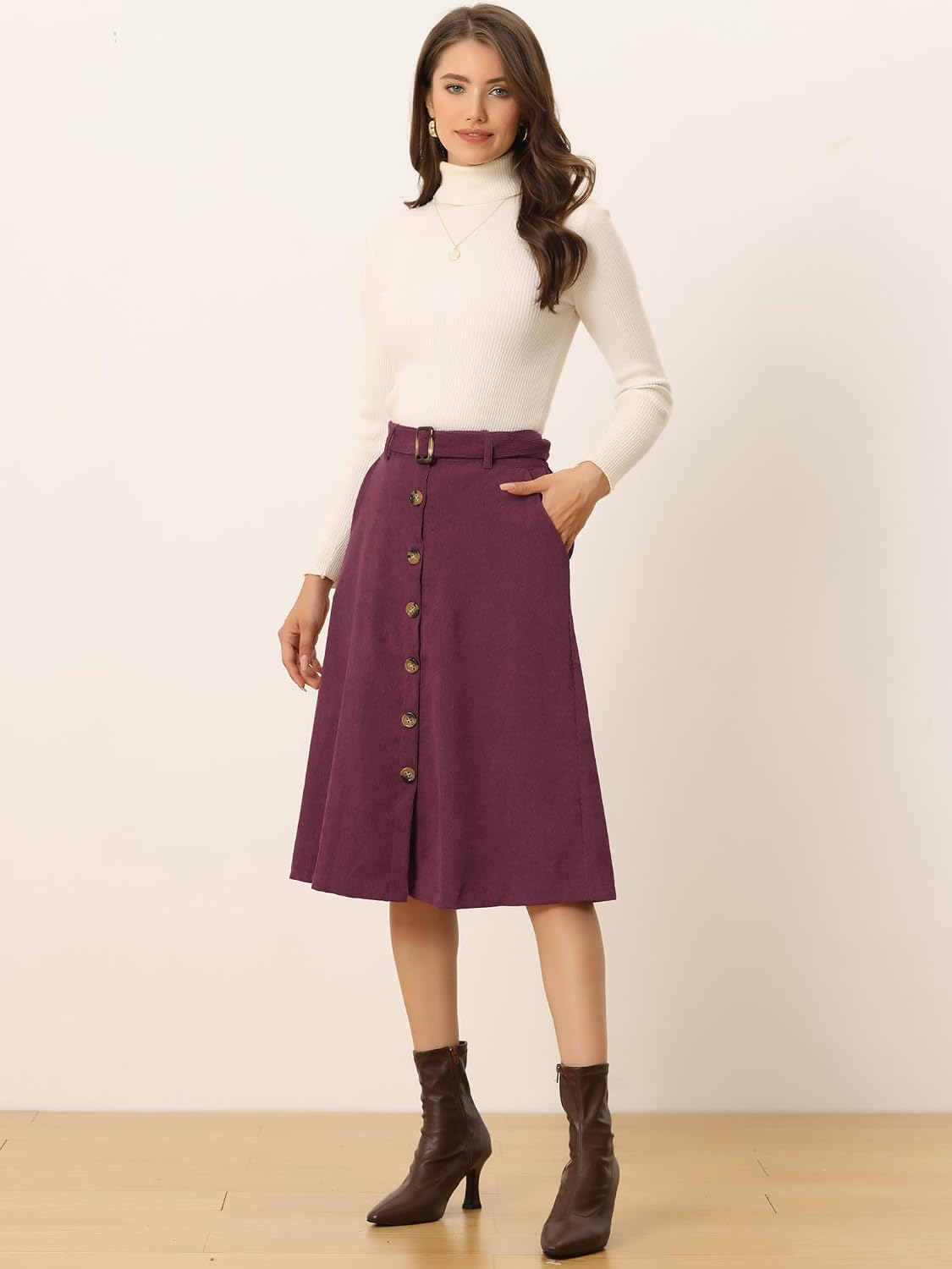 Allegra K Women's Button Front High Waist A-Line Belted Corduroy Midi Skirt