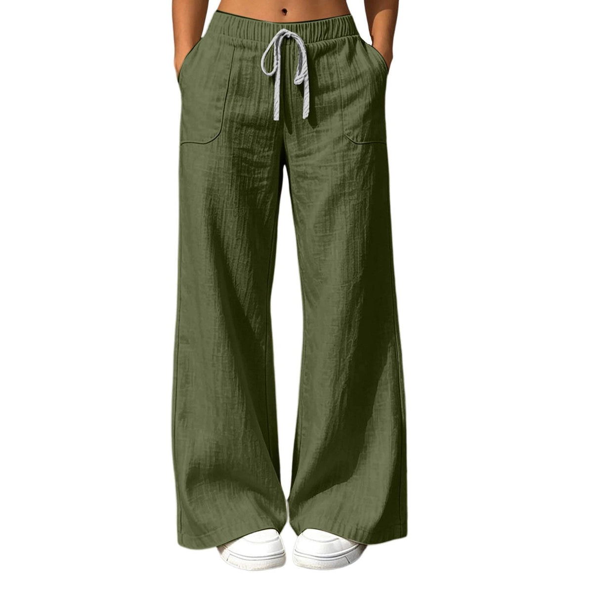 High Waisted Linen Pants Women Elastic Waist Wide Leg Flowy Lounge Pants Drawstring Palazzo Pant with Pockets