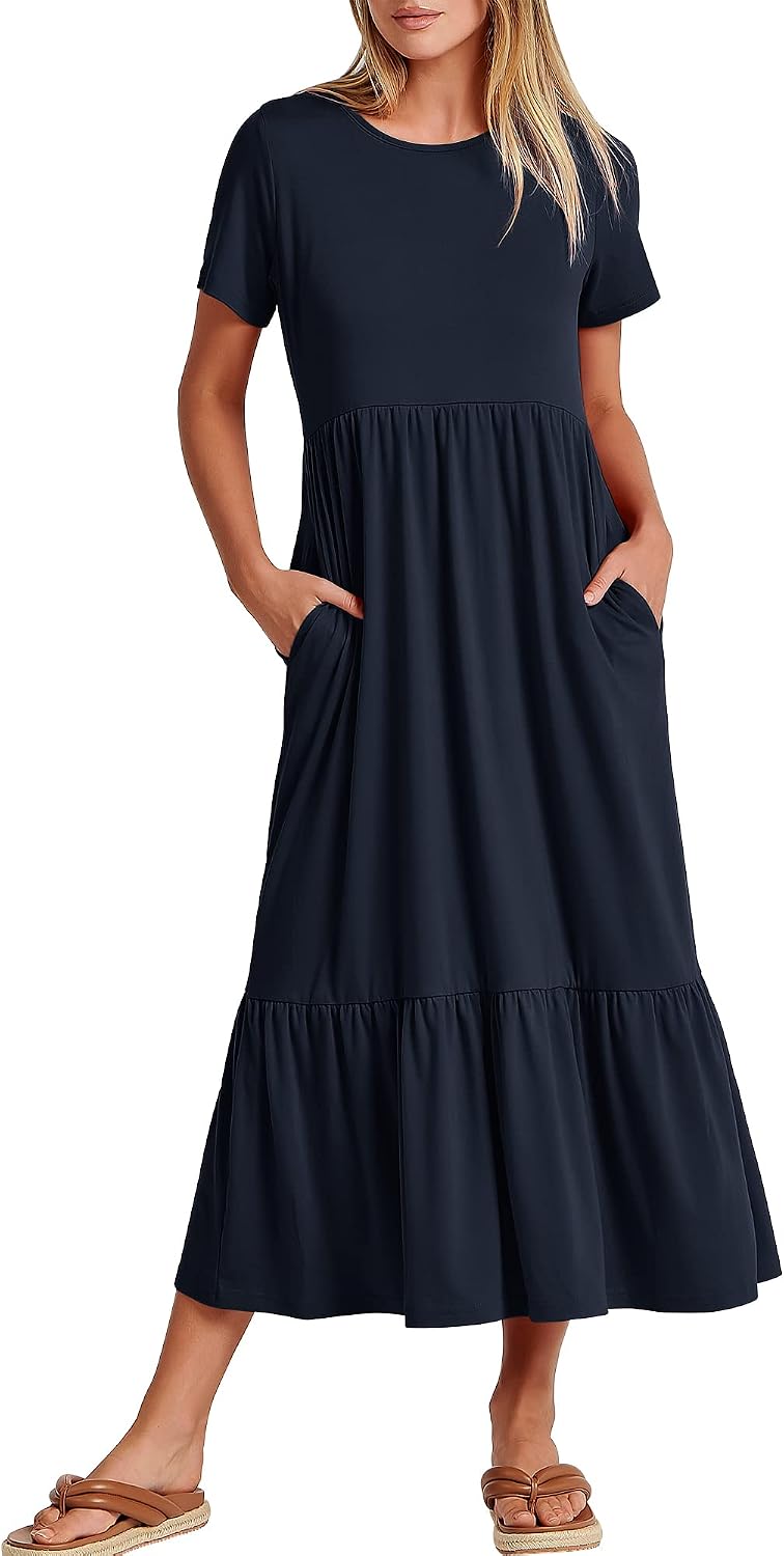 ANRABESS Womens 2026 Summer Casual Maxi Dress A line Tiered Flowy Short Sleeve Crewneck T Shirt Beach Travel Long Dresses