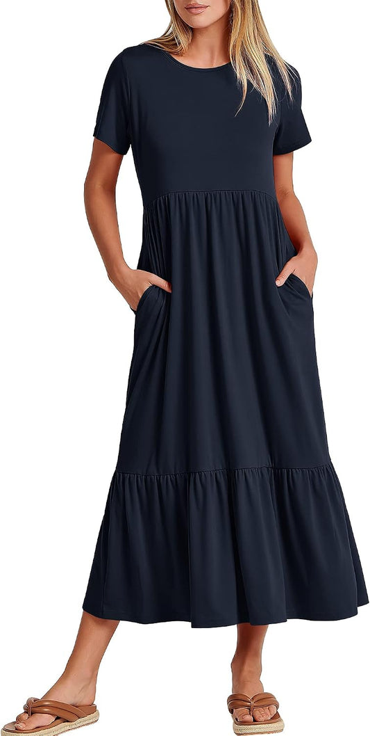 ANRABESS Womens 2026 Summer Casual Maxi Dress A line Tiered Flowy Short Sleeve Crewneck T Shirt Beach Travel Long Dresses