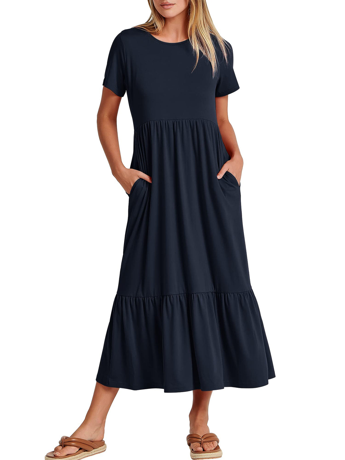 ANRABESS Womens 2026 Summer Casual Maxi Dress A line Tiered Flowy Short Sleeve Crewneck T Shirt Beach Travel Long Dresses