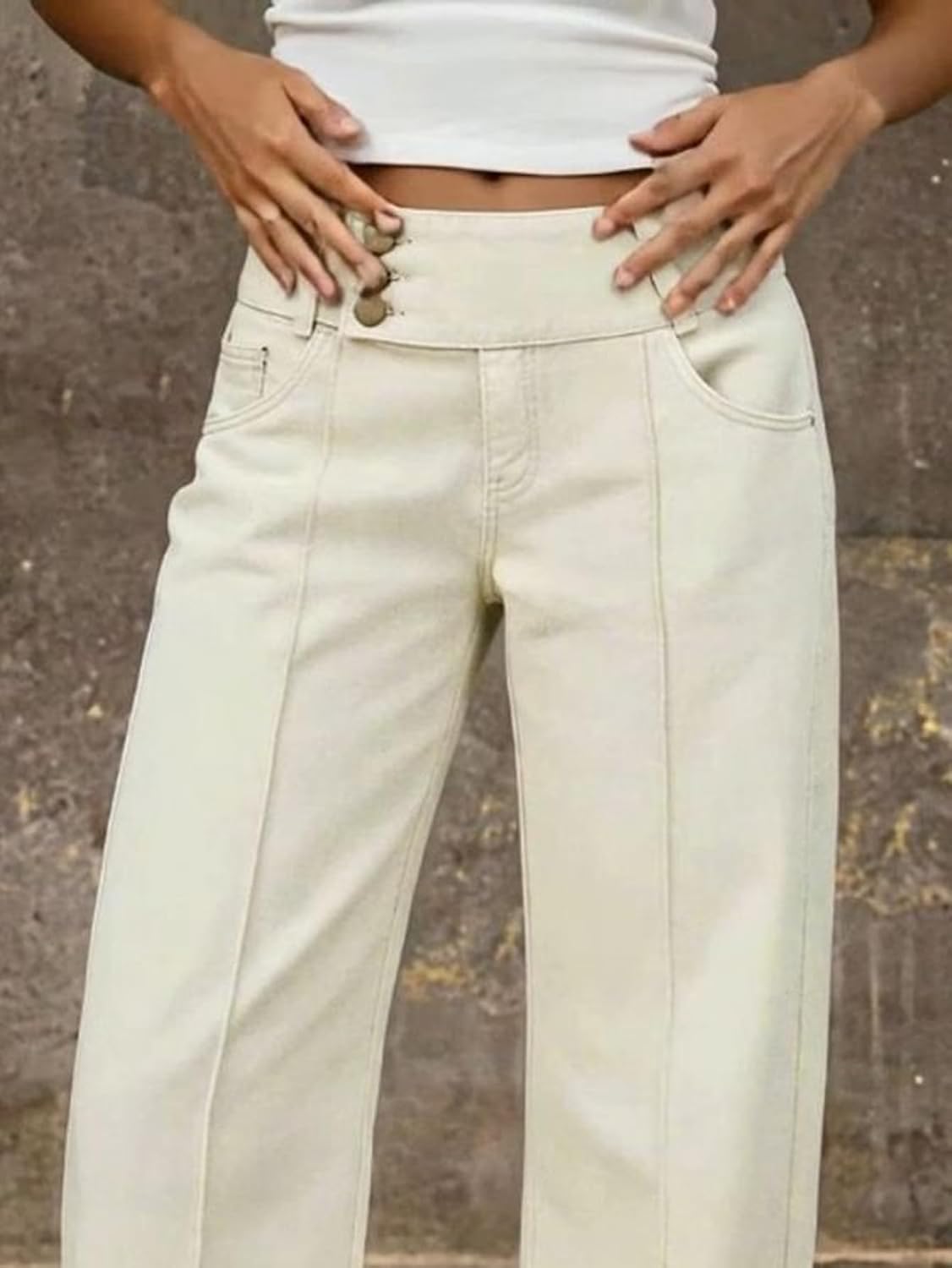 Flamingals Mid Waist Straight Leg Asymmetrical Button Fly Pants for Women