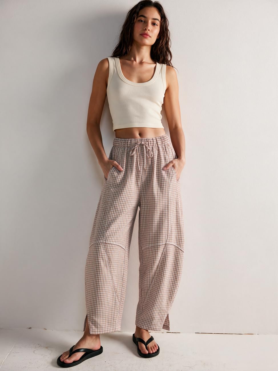 TARSE Womens Gingham Striped Linen Barrel Pants Drawstring Casual Trousers
