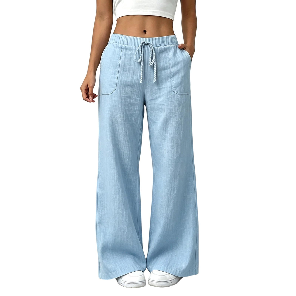 YRAETENM Wide Leg Linen Pants for Women Drawstring High Waisted Trousers