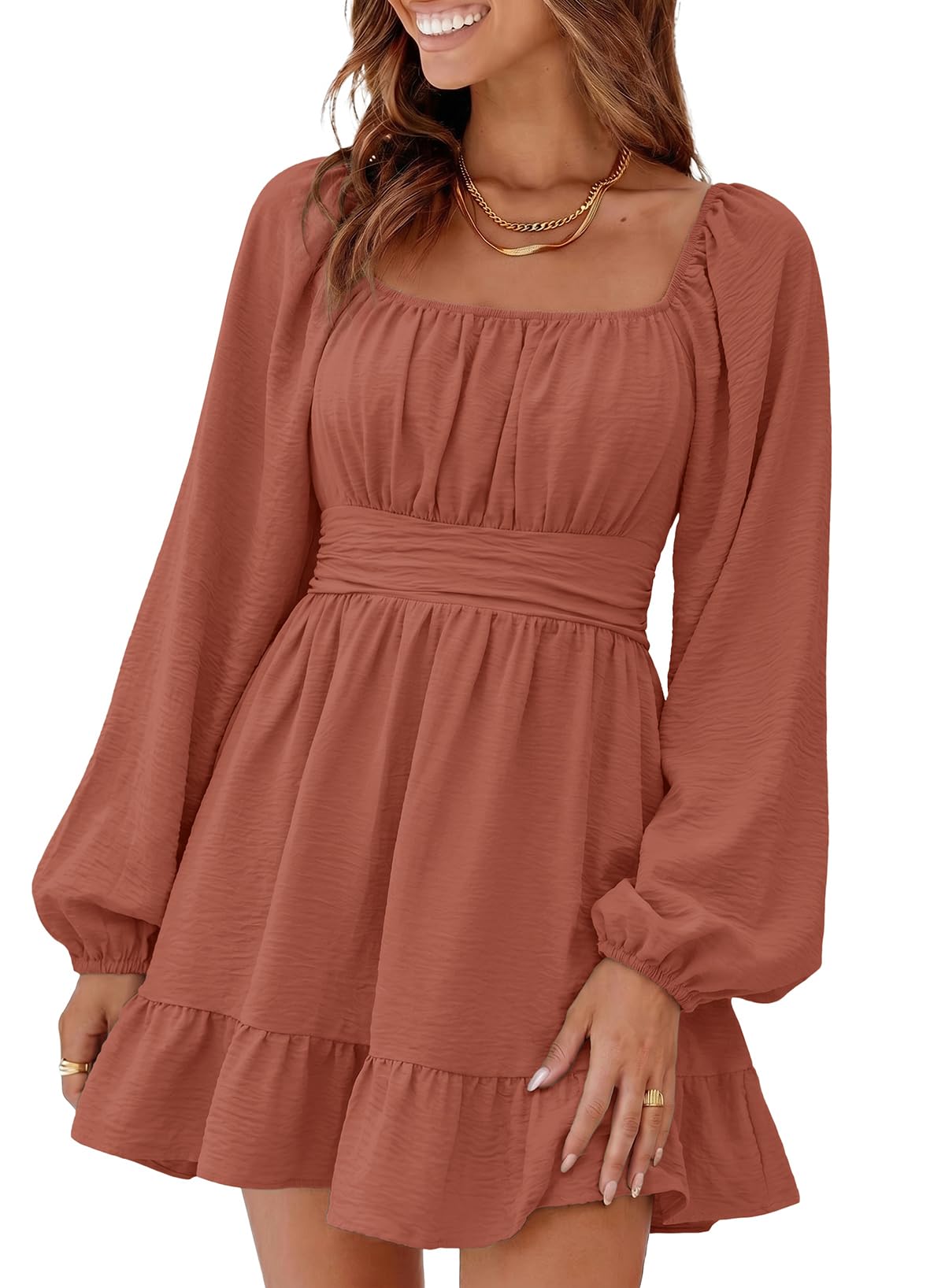 Dokotoo Womens Dress Lantern Sleeve Elastic Waist Tie Backless Mini Dress