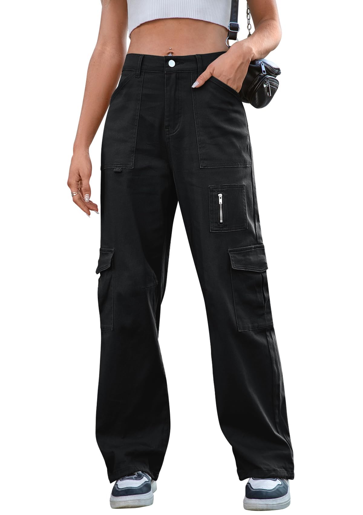 IVIR Cargo Pants Women High Waist Wide Leg Casual Pants with 7 Pockets Stretchy Drawstring Baggy Y2K Trousers