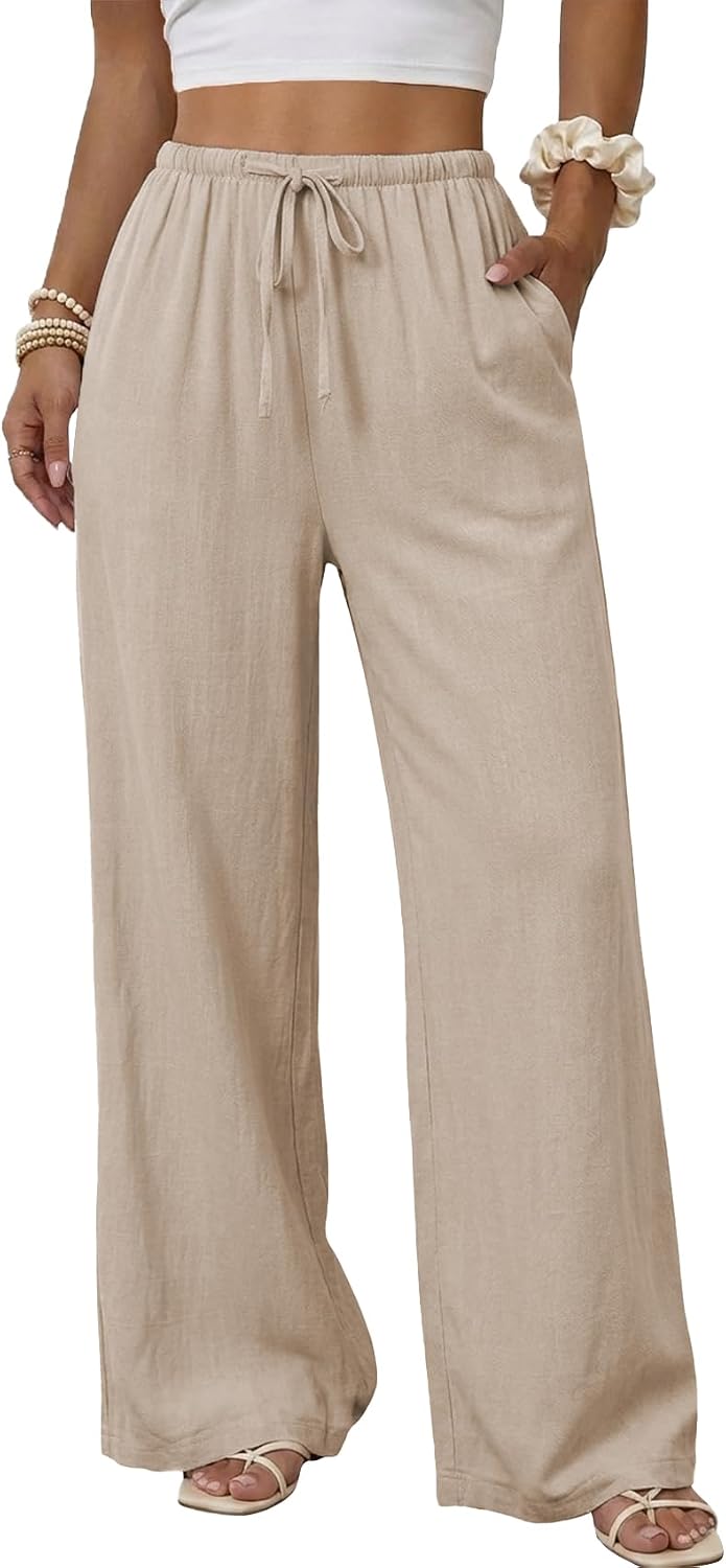 Duyang Womens Cotton Linen Palazzo Pants Drawstring Elastic Waist Casual Wide Leg Trousers with Pockets