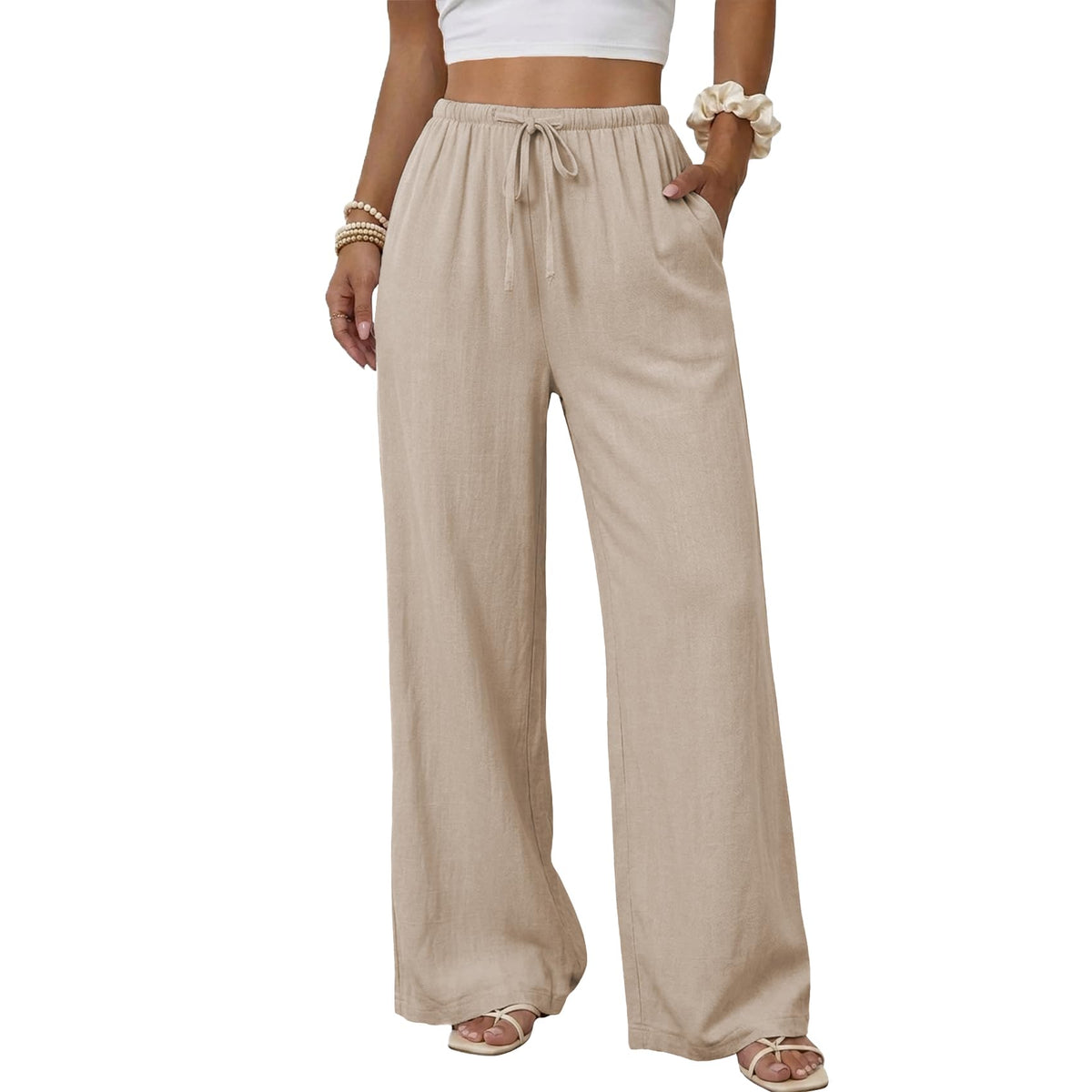 Duyang Womens Cotton Linen Palazzo Pants Drawstring Elastic Waist Casual Wide Leg Trousers with Pockets