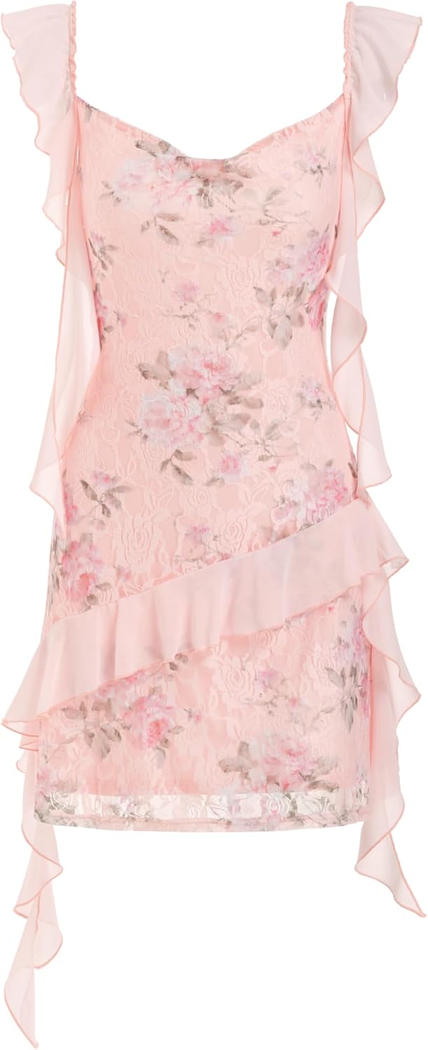 CIDER Women's Floral Mini Dress Ruffle Cowl Neck Cute Summer Dresses Wedding Guest Dress Trendy Date Vacation Outfits