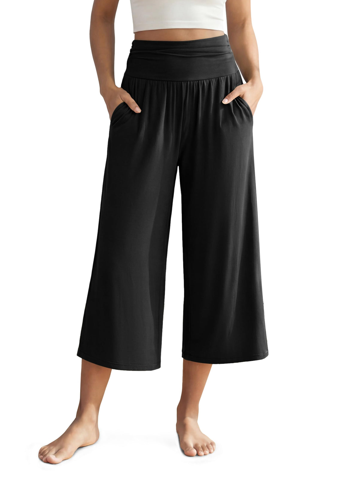 ODODOS Women's Wide Leg Palazzo Lounge Cropped Pants with Pockets Light Weight Comfy Pajama Capri Pants-20/22"/ 24" Inseam