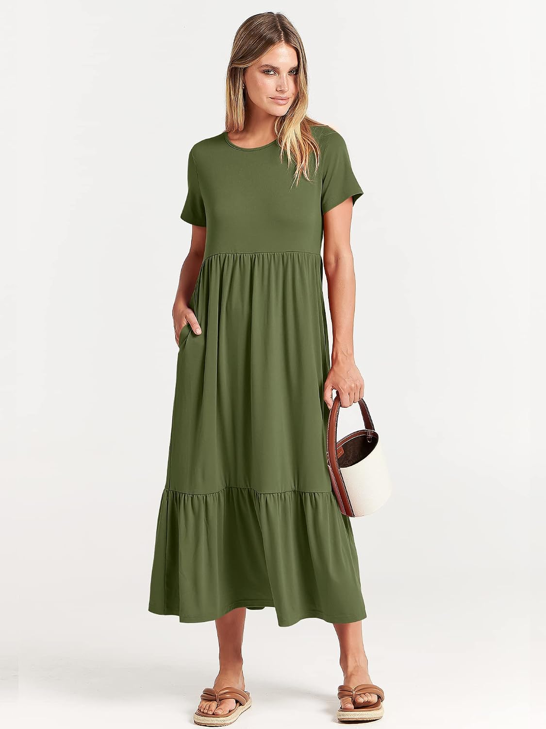ANRABESS Womens 2026 Summer Casual Maxi Dress A line Tiered Flowy Short Sleeve Crewneck T Shirt Beach Travel Long Dresses