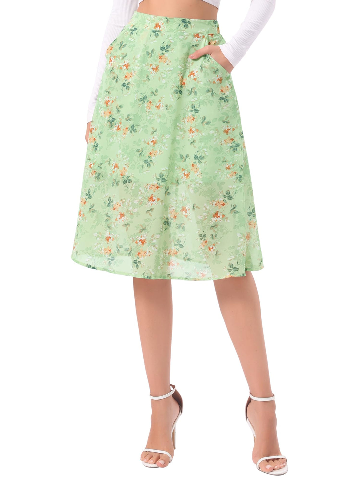 Allegra K Women's Floral Skirt A-Line Midi Skirt Chiffon High Waist Skirts