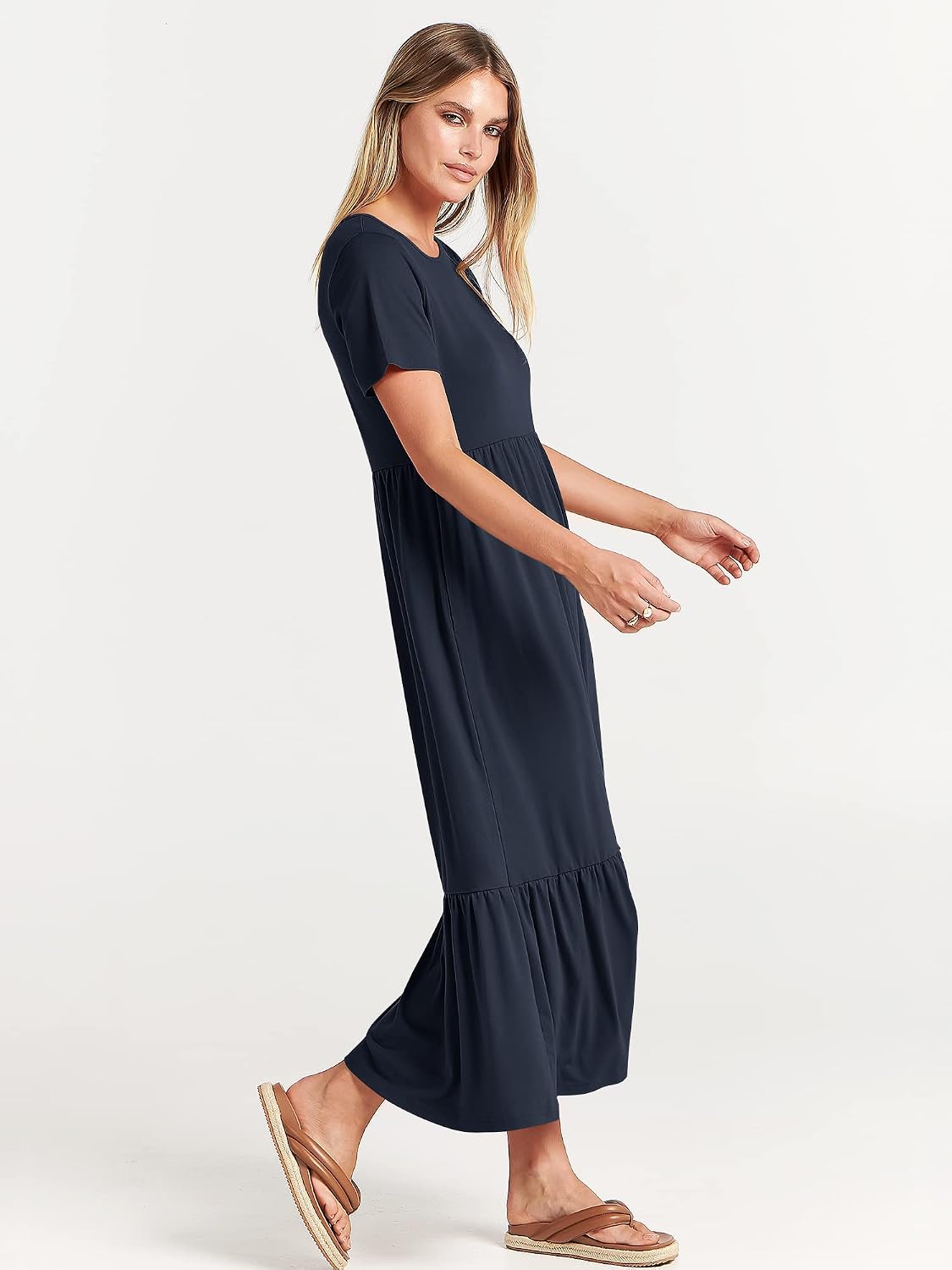 ANRABESS Womens 2026 Summer Casual Maxi Dress A line Tiered Flowy Short Sleeve Crewneck T Shirt Beach Travel Long Dresses