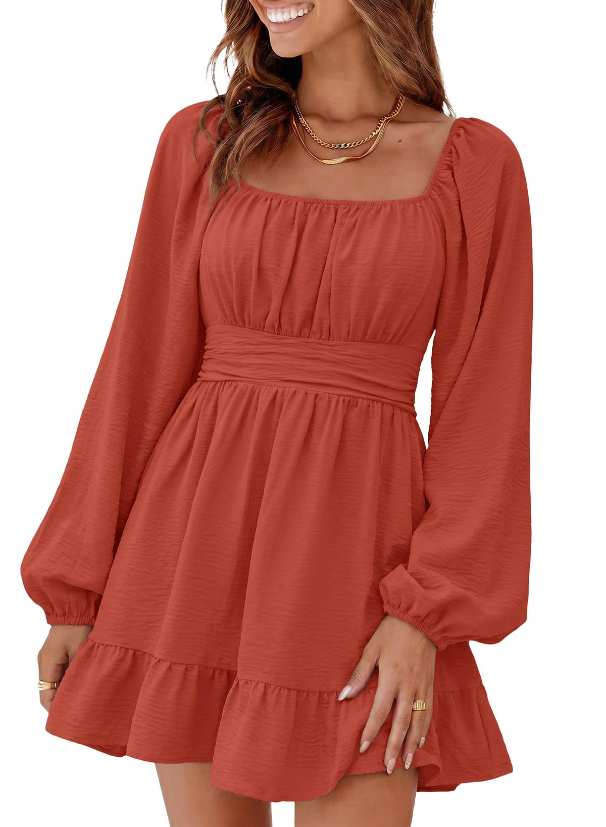 Dokotoo Womens Dress Lantern Sleeve Elastic Waist Tie Backless Mini Dress