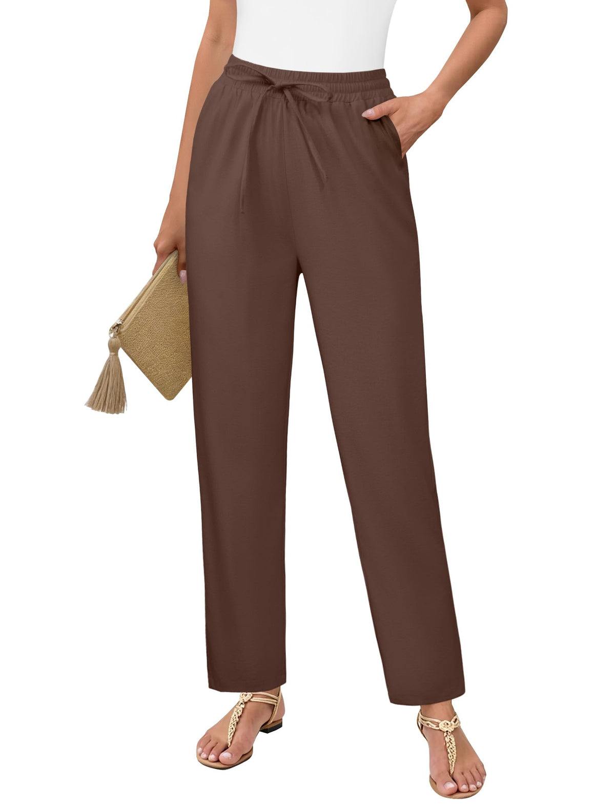 DLOODA Womens Linen Pants High Waisted Drawstring Casual Ankle Trousers