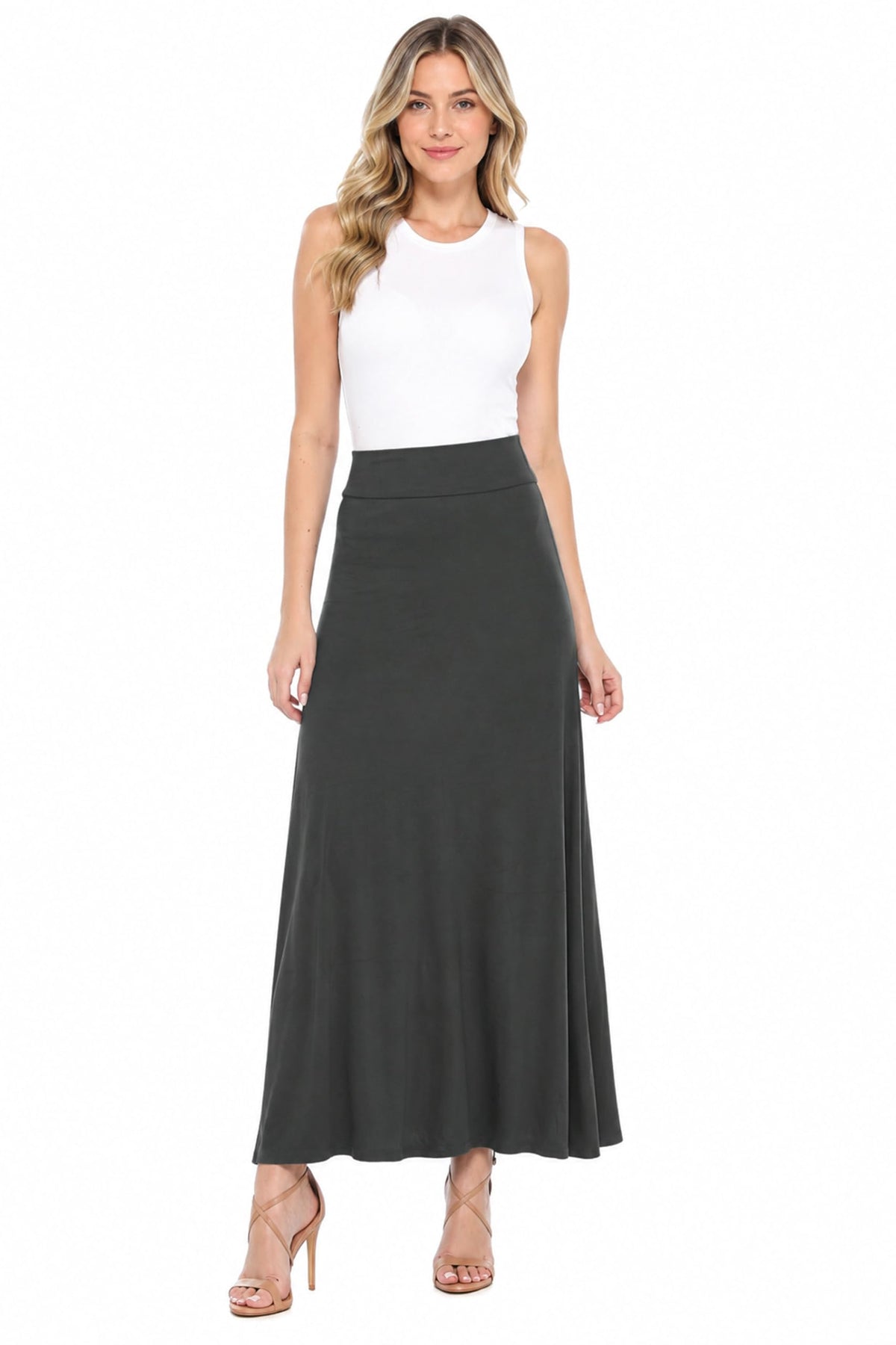 FashionJOA Women's Stretchy Flowy Maxi Skirt with Elastic Waistband for Comfort and Style